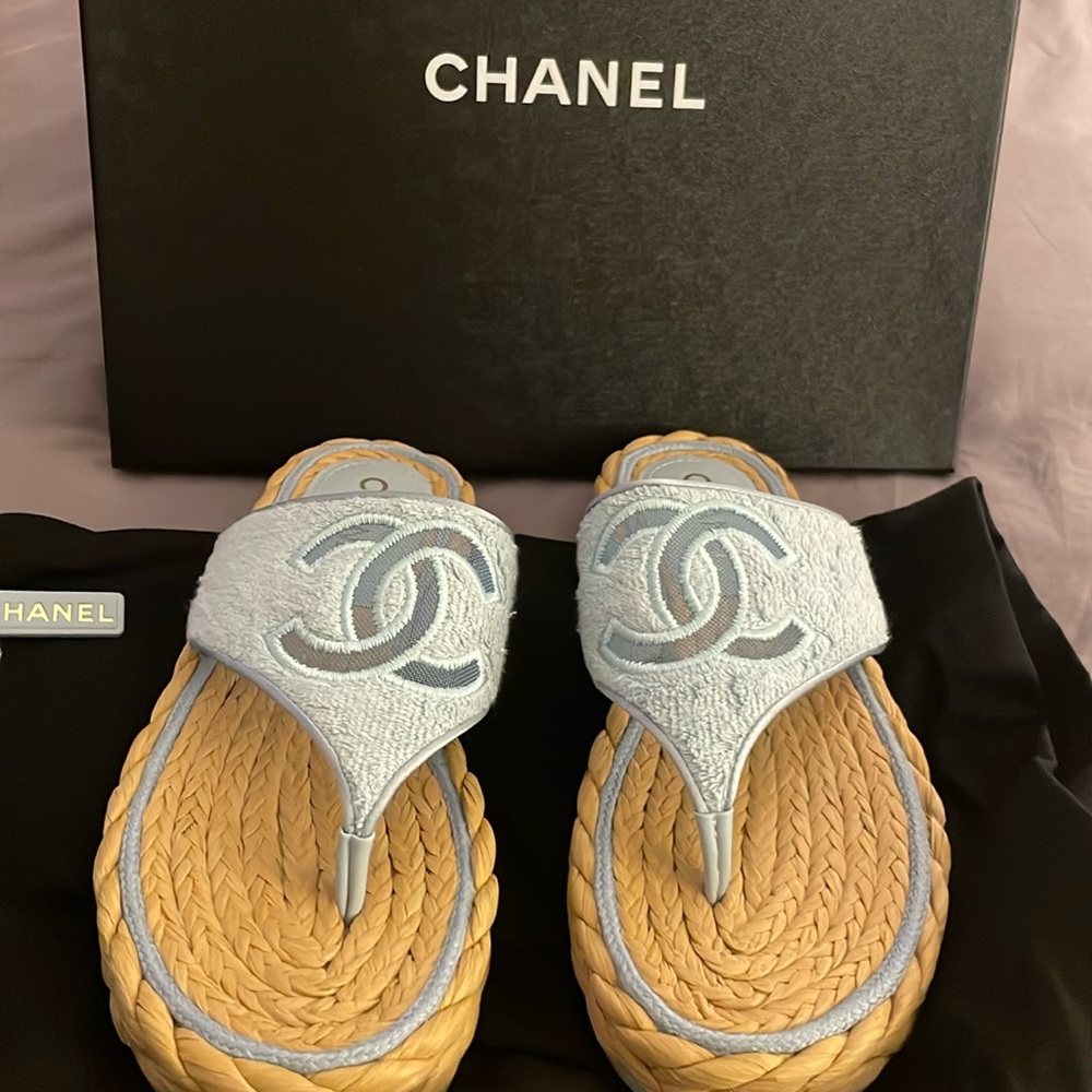 Chanel Terry Cloth Sandals in Blue, size 37.5